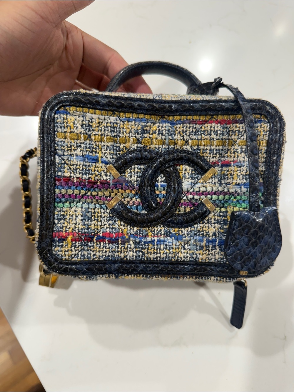 CHANEL Multicolor Tweed Vanity Crossbody with Navy Leather Trim